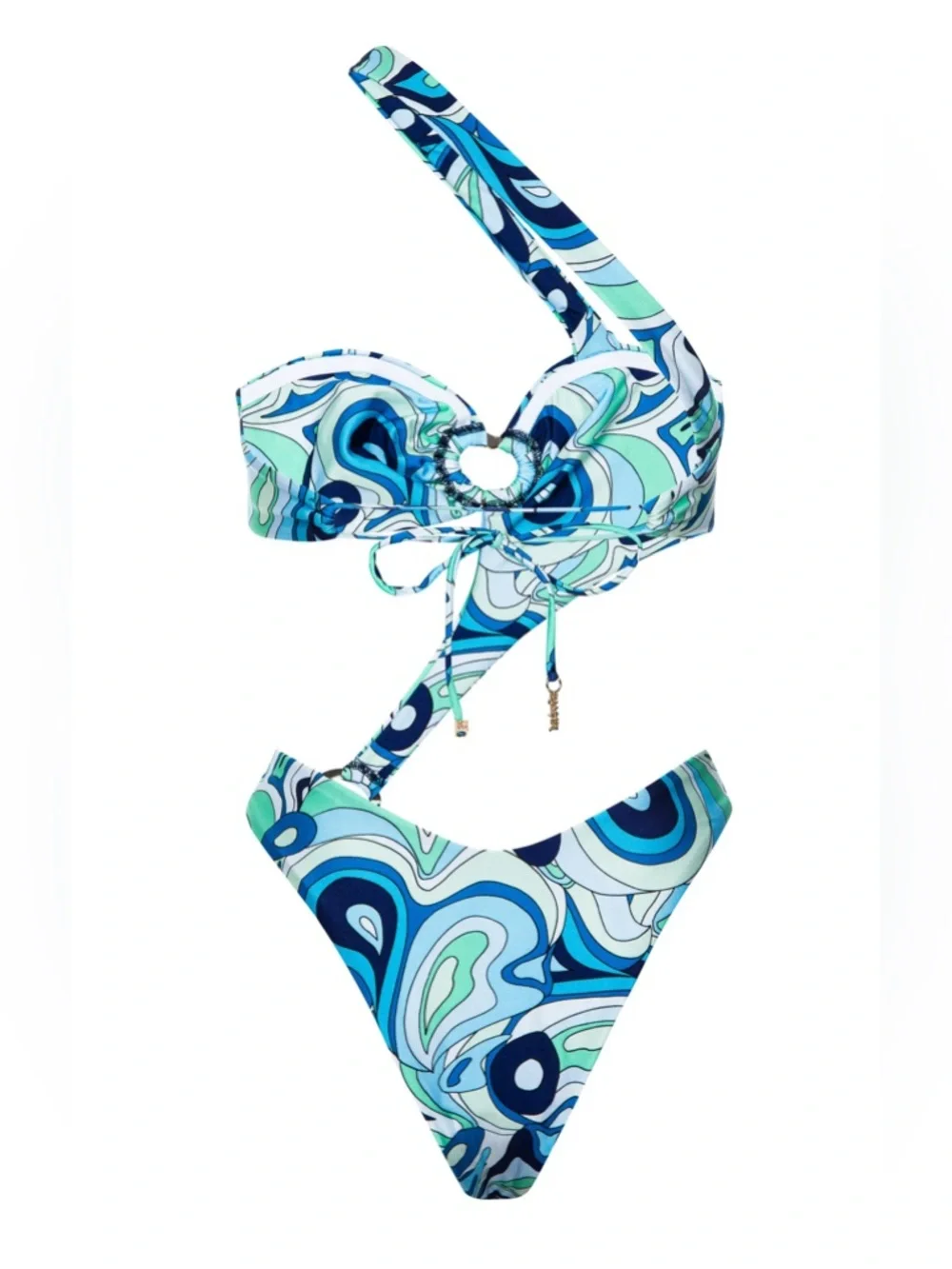 Kamari Swim Blue Green Retro Print Cutout Bikini Set Medium NWT - Picture 2 of 9